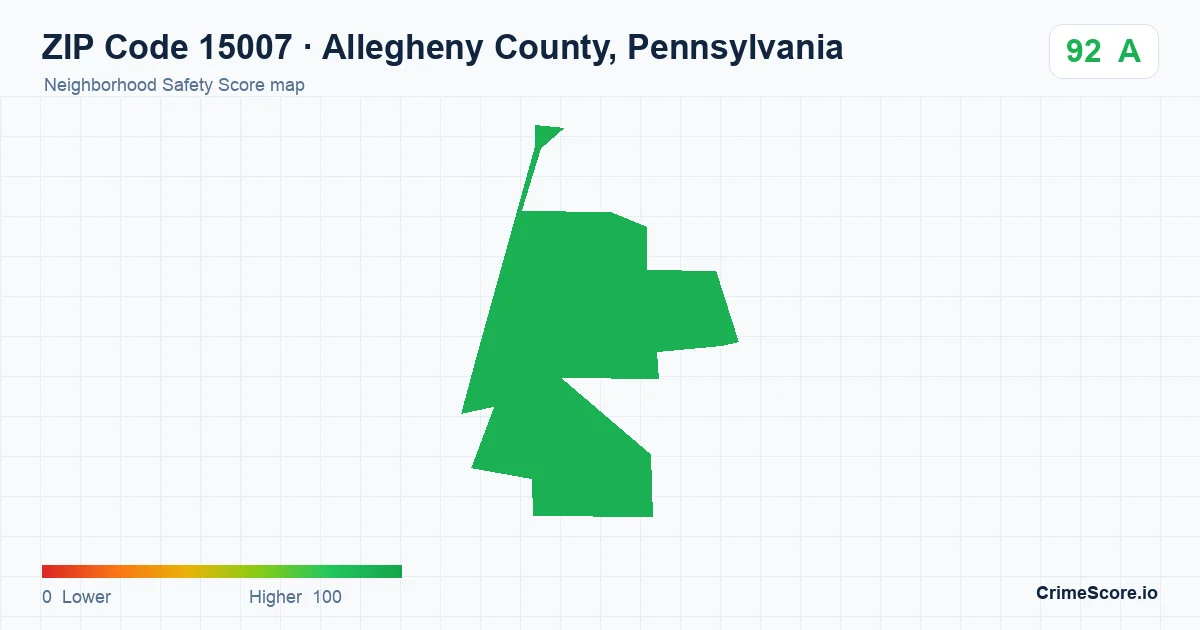 ZIP Code 15007 in Allegheny County, Pennsylvania neighborhood Safety Score map