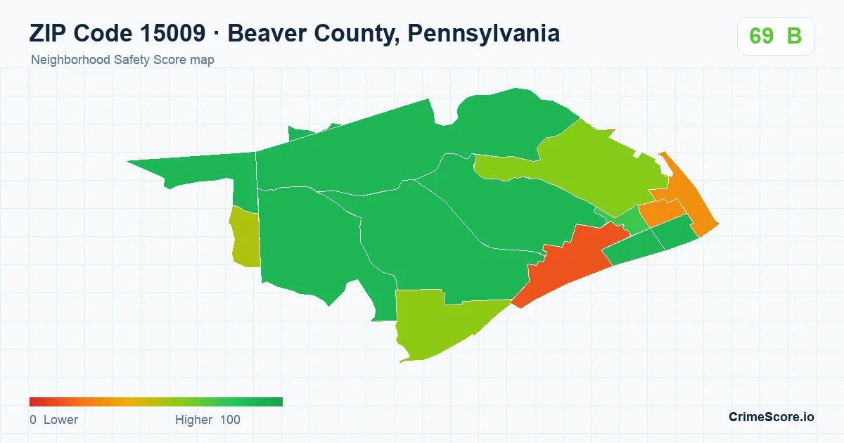 ZIP Code 15009 in Beaver County, Pennsylvania neighborhood Safety Score map