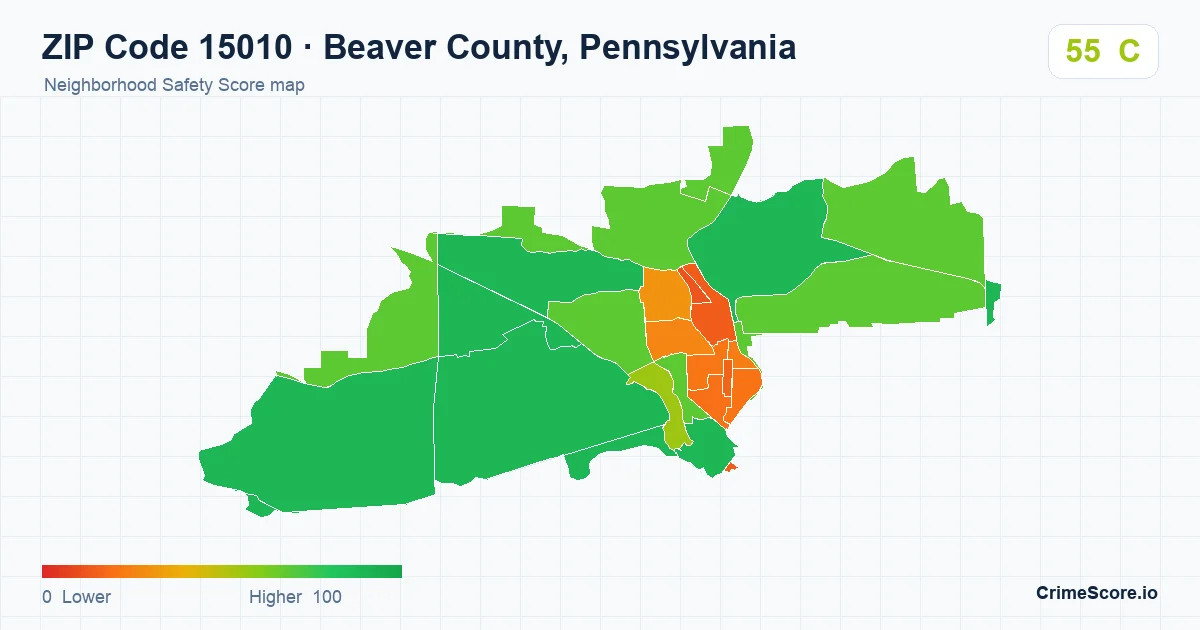 ZIP Code 15010 in Beaver County, Pennsylvania neighborhood Safety Score map