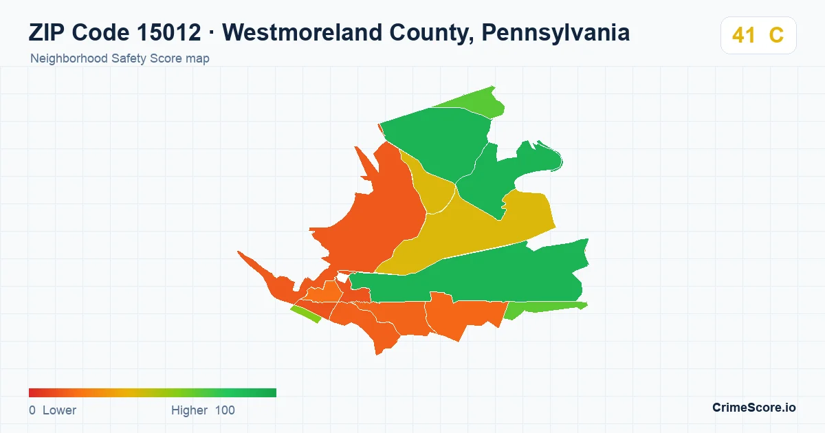 ZIP Code 15012 in Westmoreland County, Pennsylvania neighborhood Safety Score map