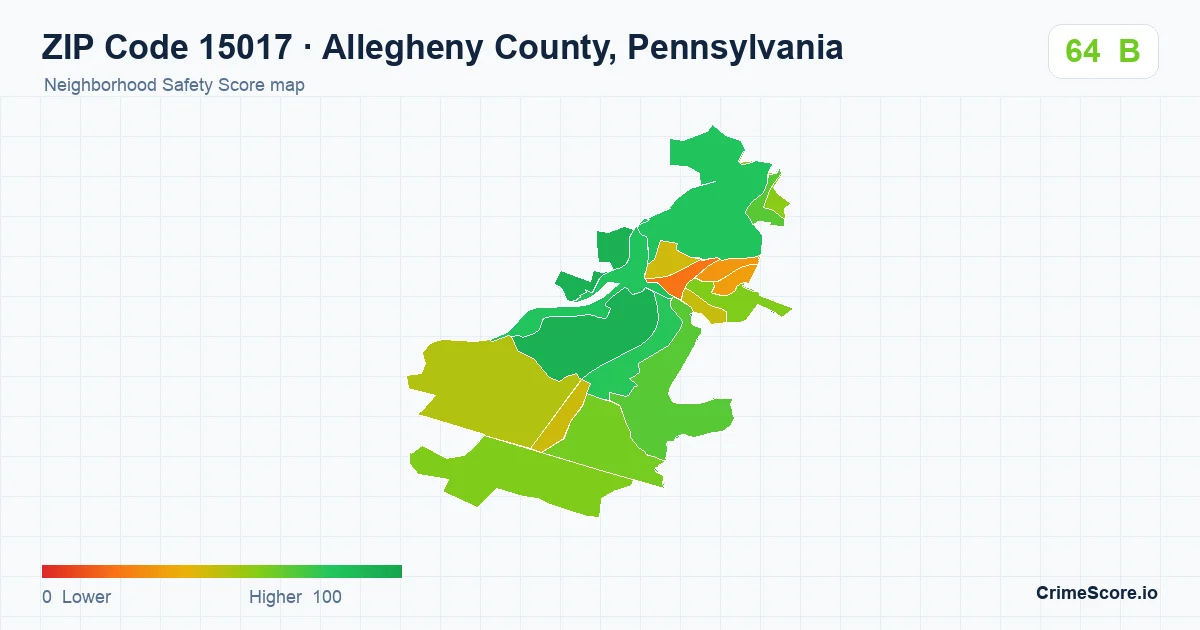 ZIP Code 15017 in Allegheny County, Pennsylvania neighborhood Safety Score map