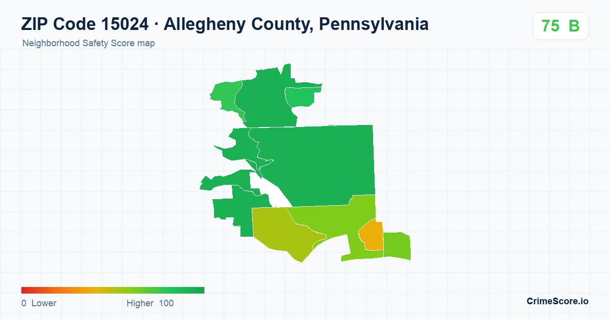 ZIP Code 15024 in Allegheny County, Pennsylvania neighborhood Safety Score map