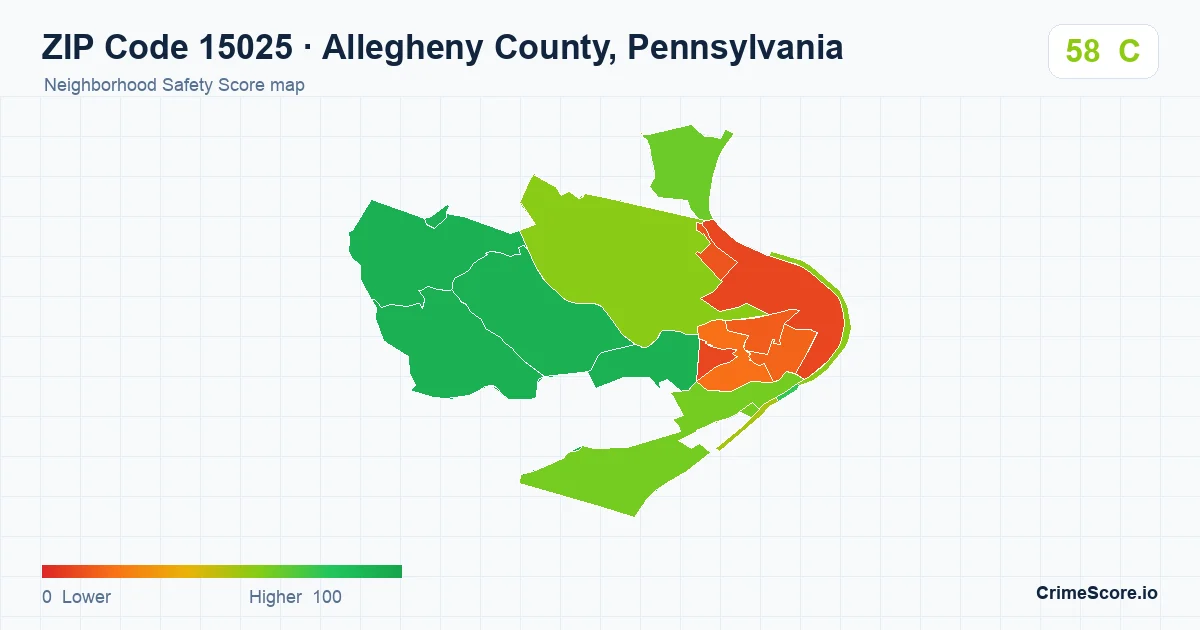 ZIP Code 15025 in Allegheny County, Pennsylvania neighborhood Safety Score map