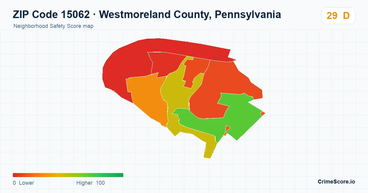 ZIP Code 15062 in Westmoreland County, Pennsylvania neighborhood Safety Score map