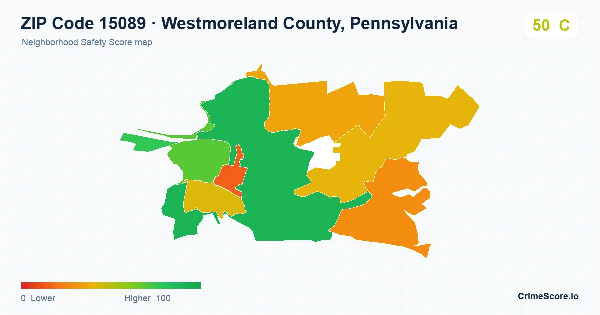ZIP Code 15089 in Westmoreland County, Pennsylvania neighborhood Safety Score map