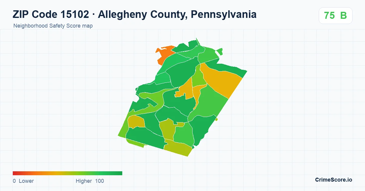 ZIP Code 15102 in Allegheny County, Pennsylvania neighborhood Safety Score map