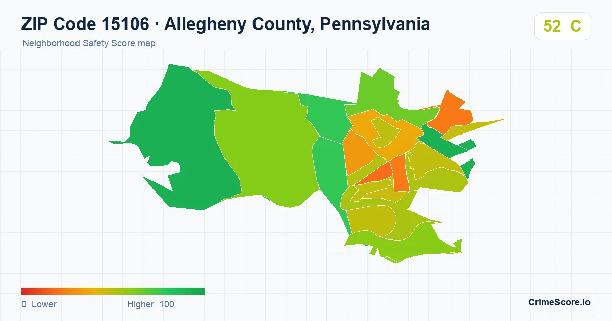 ZIP Code 15106 in Allegheny County, Pennsylvania neighborhood Safety Score map