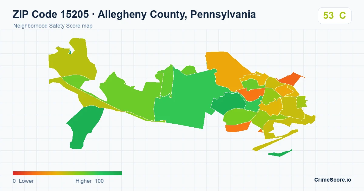 ZIP Code 15205 in Allegheny County, Pennsylvania neighborhood Safety Score map