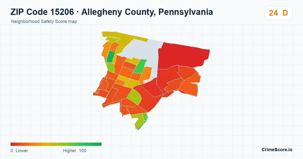 ZIP Code 15206 in Allegheny County, Pennsylvania neighborhood Safety Score map