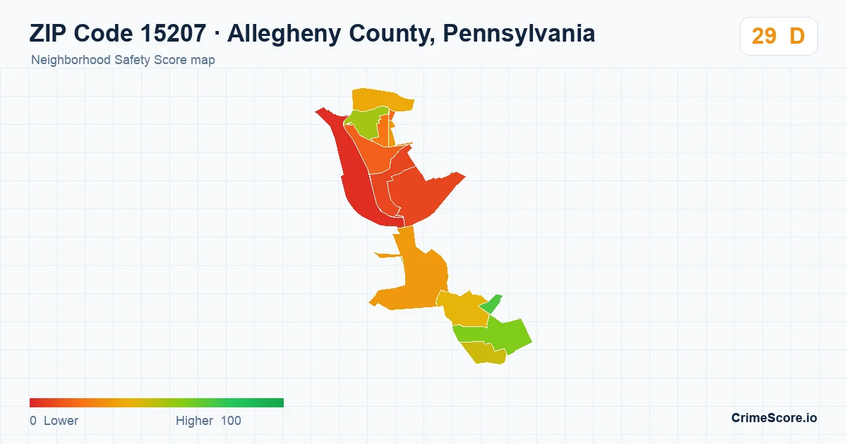 ZIP Code 15207 in Allegheny County, Pennsylvania neighborhood Safety Score map
