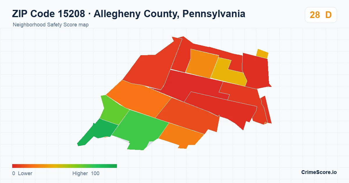 ZIP Code 15208 in Allegheny County, Pennsylvania neighborhood Safety Score map