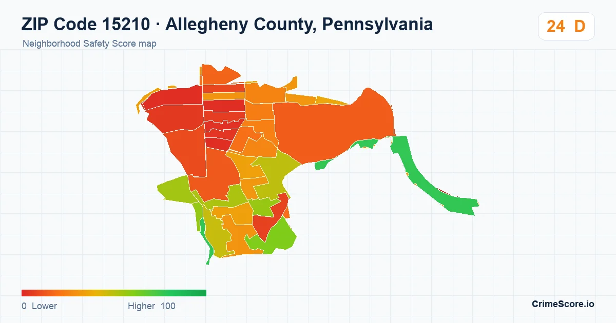 ZIP Code 15210 in Allegheny County, Pennsylvania neighborhood Safety Score map