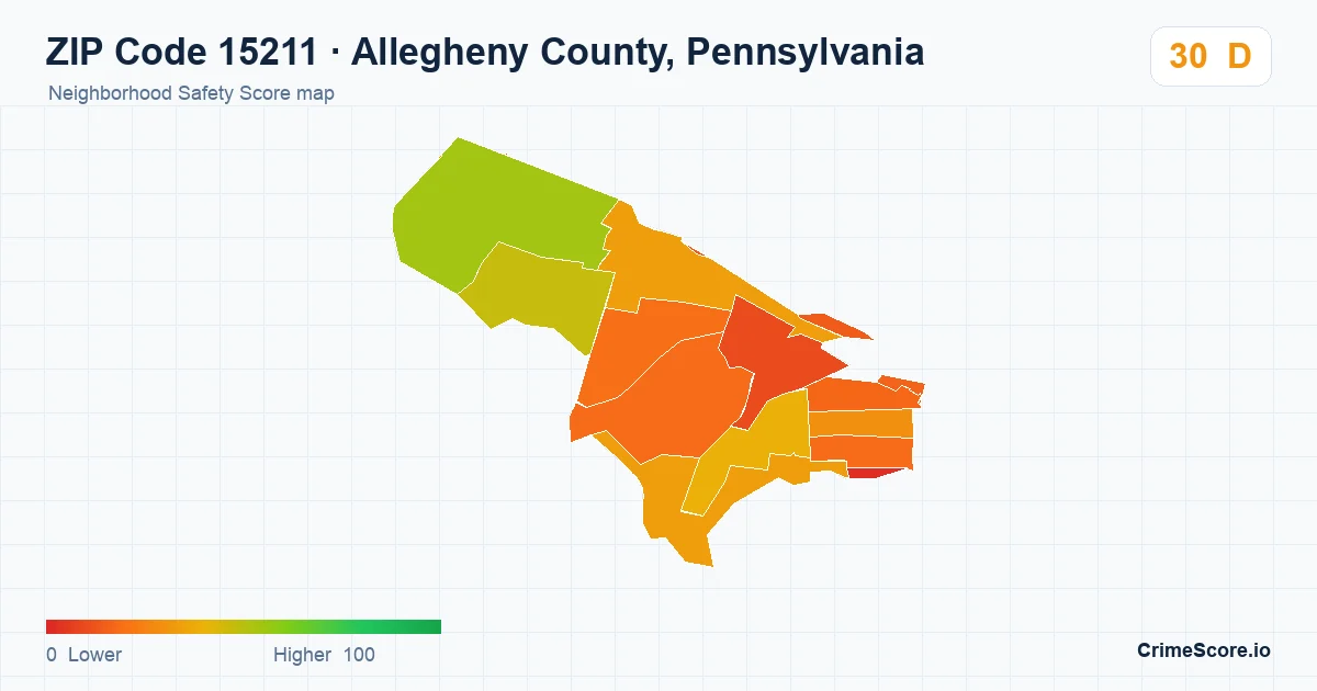 ZIP Code 15211 in Allegheny County, Pennsylvania neighborhood Safety Score map