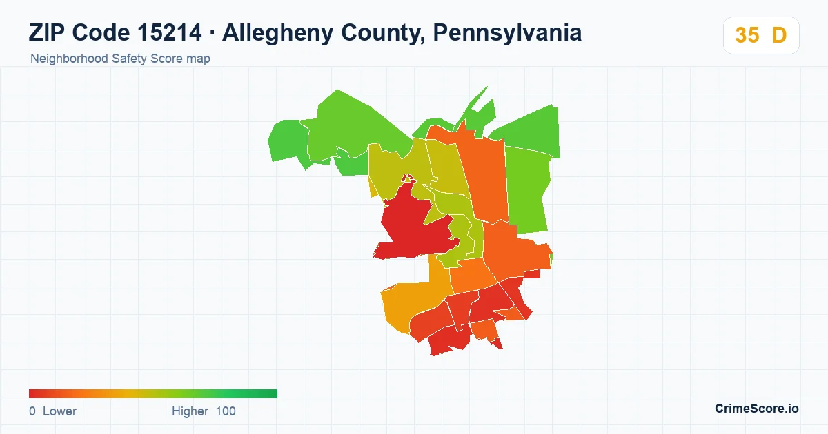 ZIP Code 15214 in Allegheny County, Pennsylvania neighborhood Safety Score map