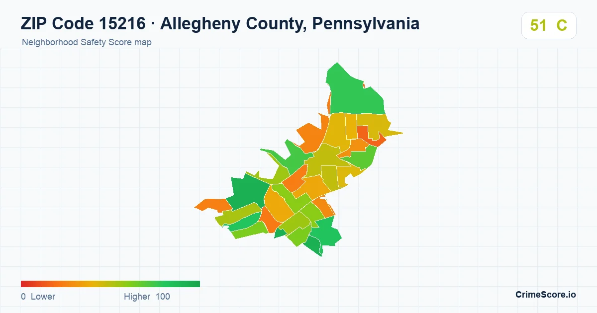 ZIP Code 15216 in Allegheny County, Pennsylvania neighborhood Safety Score map