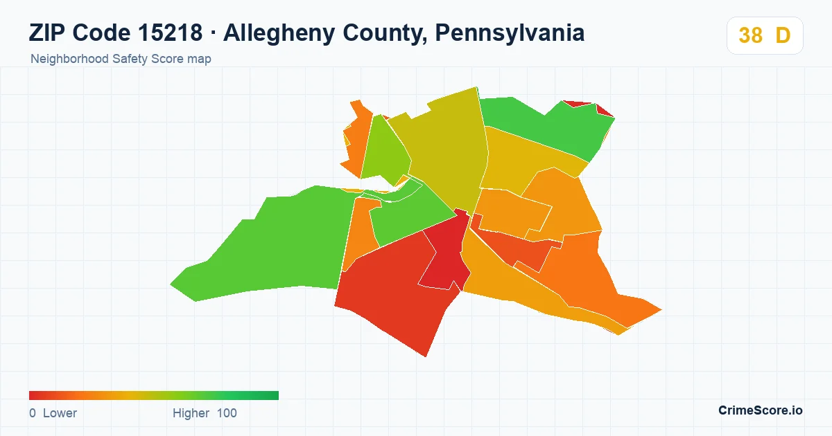 ZIP Code 15218 in Allegheny County, Pennsylvania neighborhood Safety Score map