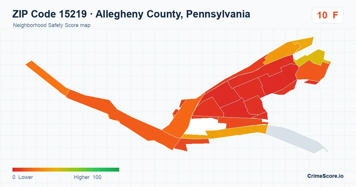 ZIP Code 15219 in Allegheny County, Pennsylvania neighborhood Safety Score map