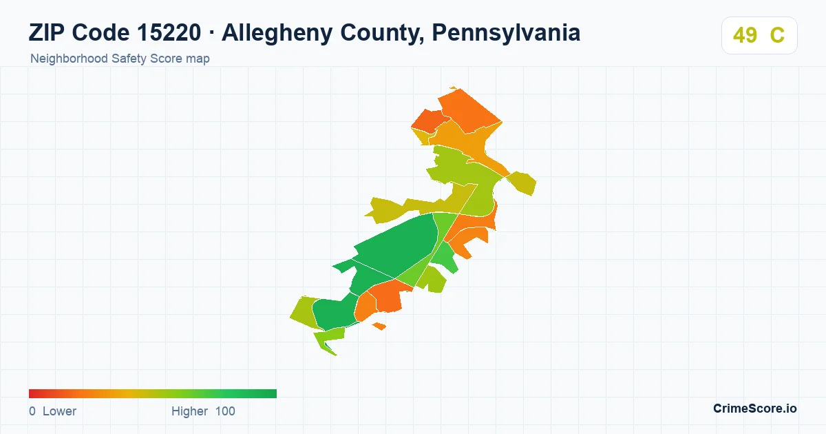 ZIP Code 15220 in Allegheny County, Pennsylvania neighborhood Safety Score map