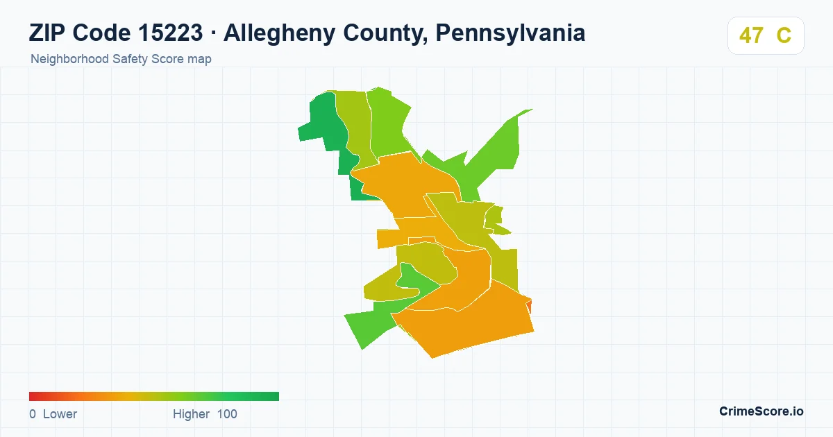 ZIP Code 15223 in Allegheny County, Pennsylvania neighborhood Safety Score map