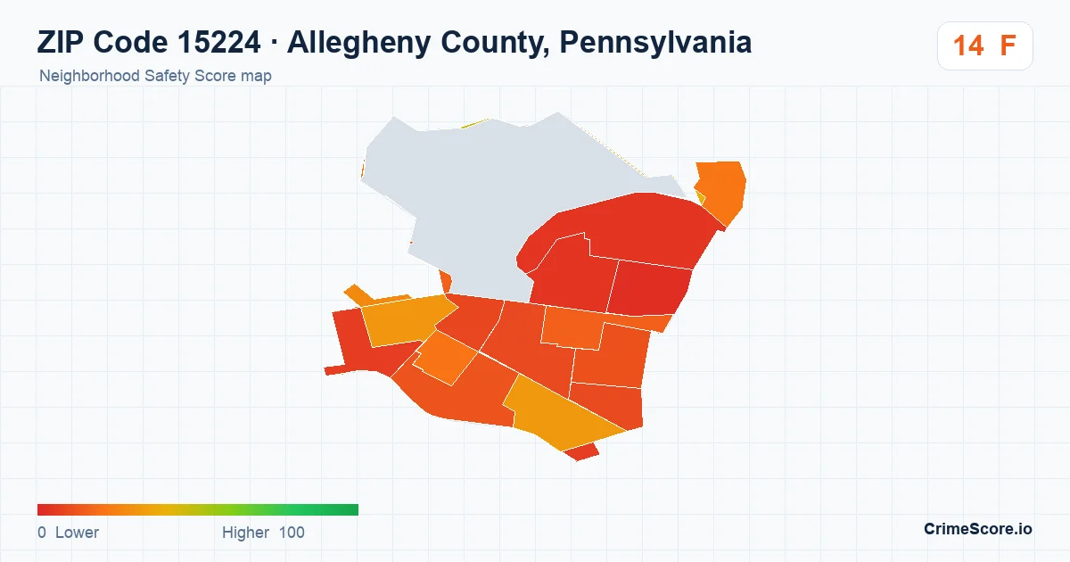 ZIP Code 15224 in Allegheny County, Pennsylvania neighborhood Safety Score map