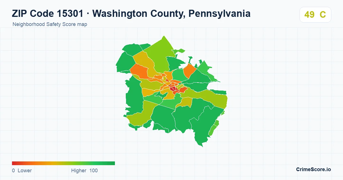ZIP Code 15301 in Washington County, Pennsylvania neighborhood Safety Score map