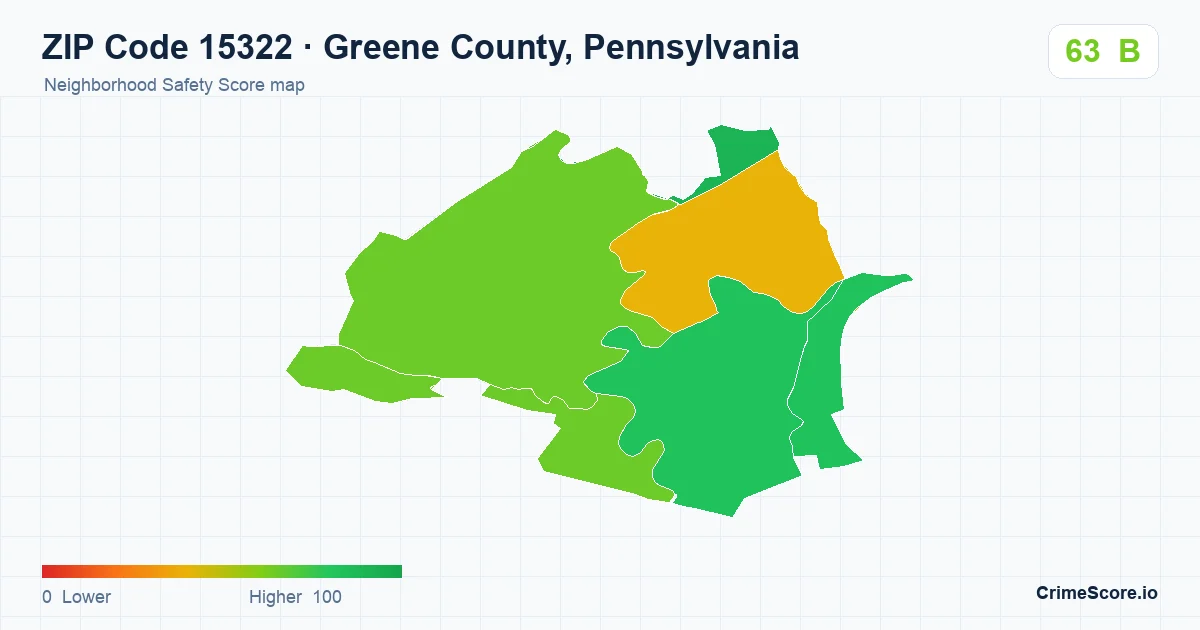 ZIP Code 15322 in Greene County, Pennsylvania neighborhood Safety Score map