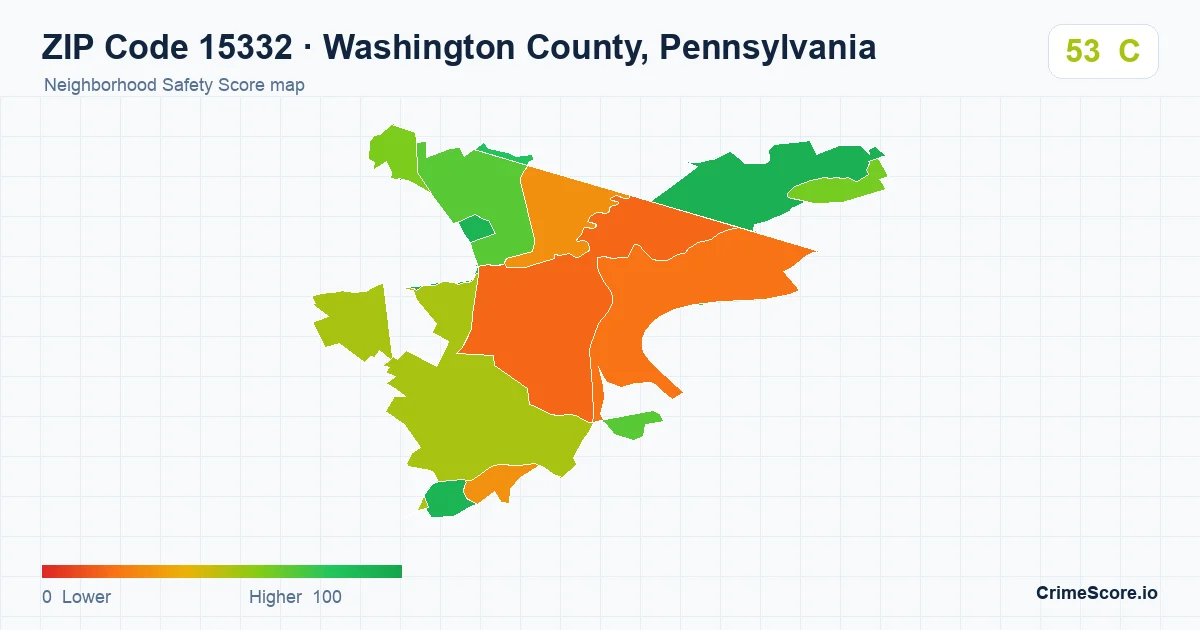 ZIP Code 15332 in Washington County, Pennsylvania neighborhood Safety Score map