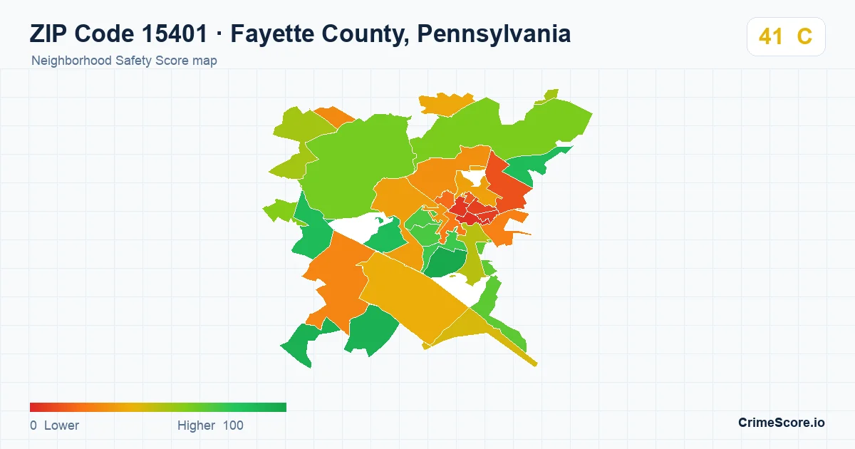 ZIP Code 15401 in Fayette County, Pennsylvania neighborhood Safety Score map