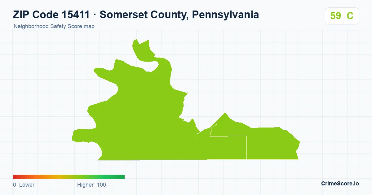ZIP Code 15411 in Somerset County, Pennsylvania neighborhood Safety Score map