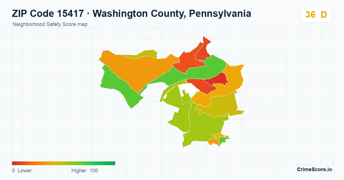 ZIP Code 15417 in Washington County, Pennsylvania neighborhood Safety Score map