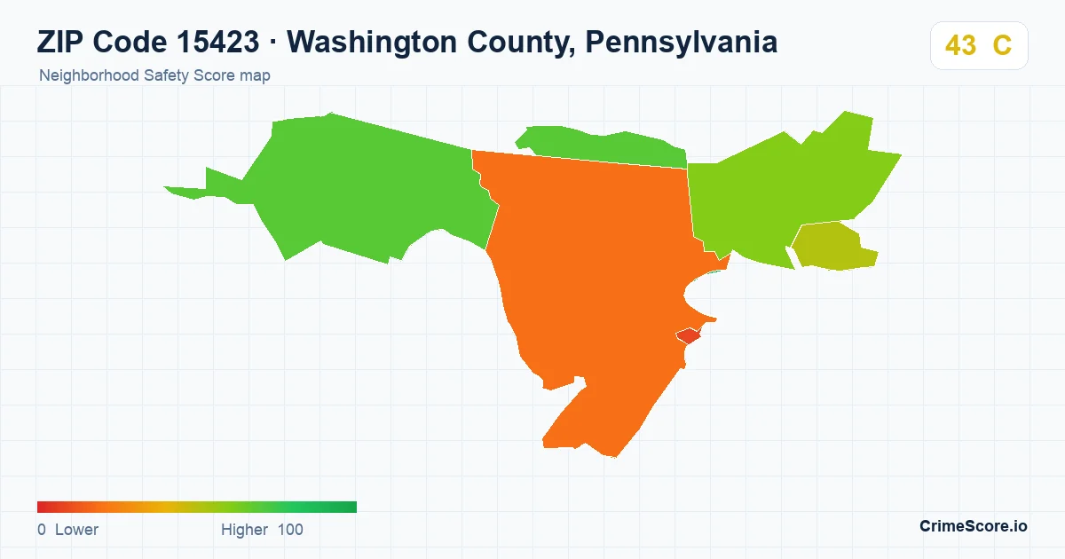 ZIP Code 15423 in Washington County, Pennsylvania neighborhood Safety Score map