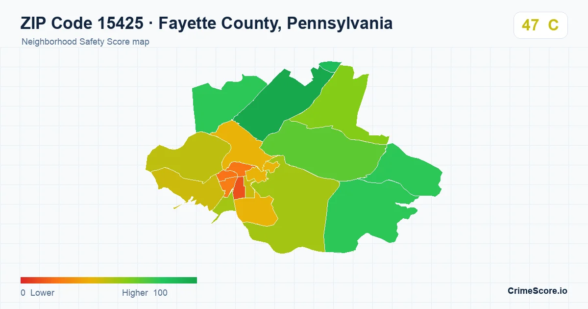 ZIP Code 15425 in Fayette County, Pennsylvania neighborhood Safety Score map