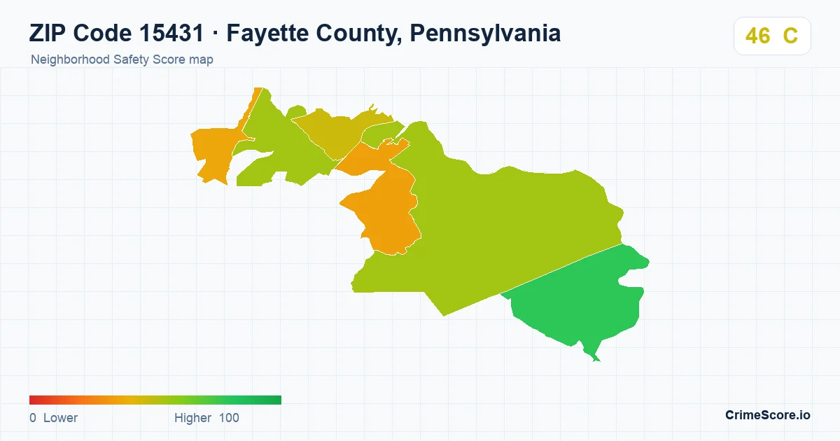 ZIP Code 15431 in Fayette County, Pennsylvania neighborhood Safety Score map