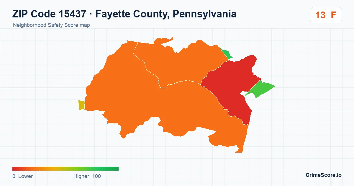 ZIP Code 15437 in Fayette County, Pennsylvania neighborhood Safety Score map
