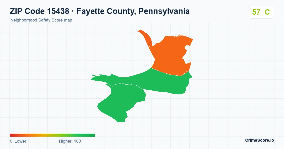 ZIP Code 15438 in Fayette County, Pennsylvania neighborhood Safety Score map