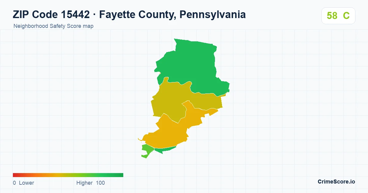 ZIP Code 15442 in Fayette County, Pennsylvania neighborhood Safety Score map