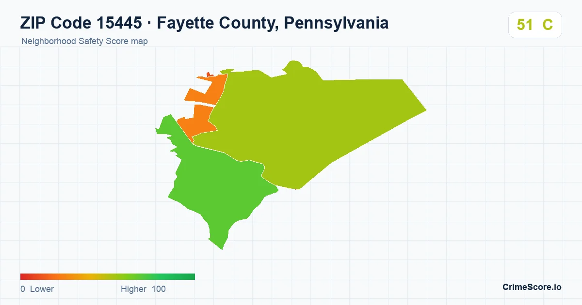 ZIP Code 15445 in Fayette County, Pennsylvania neighborhood Safety Score map