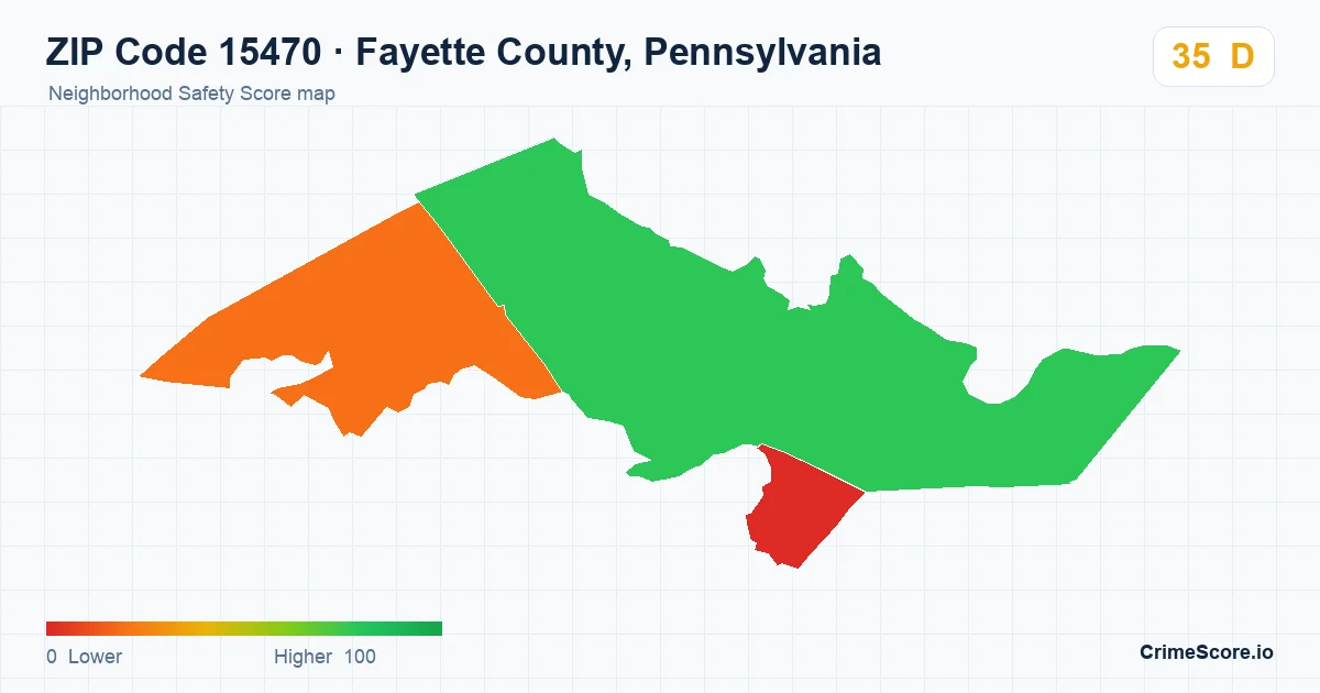 ZIP Code 15470 in Fayette County, Pennsylvania neighborhood Safety Score map