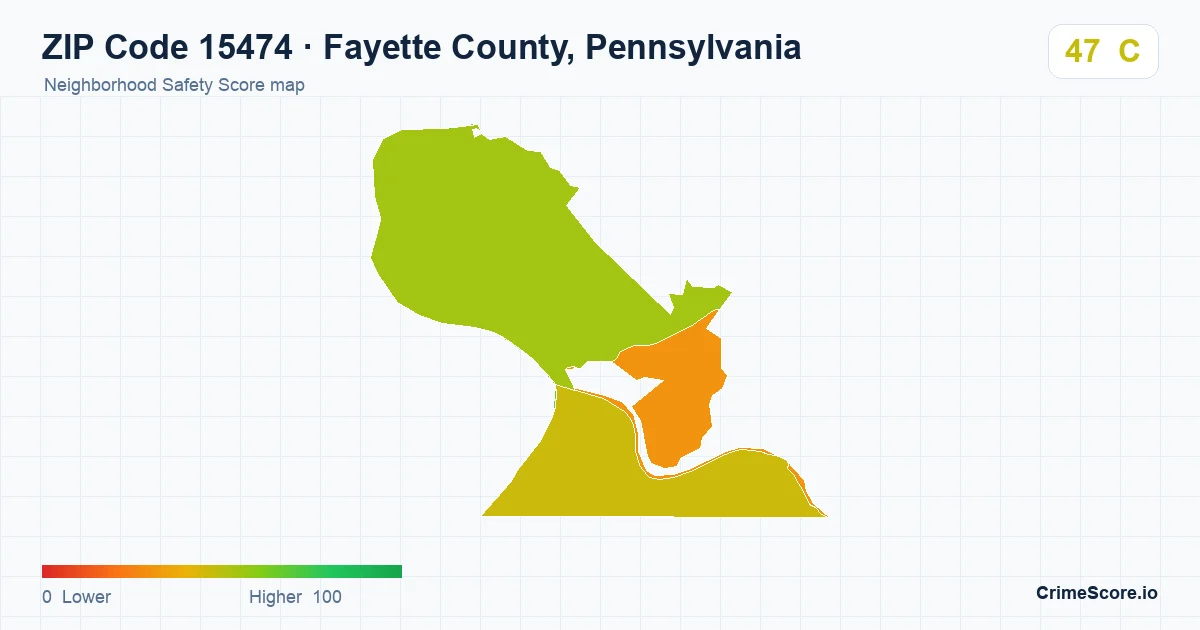ZIP Code 15474 in Fayette County, Pennsylvania neighborhood Safety Score map