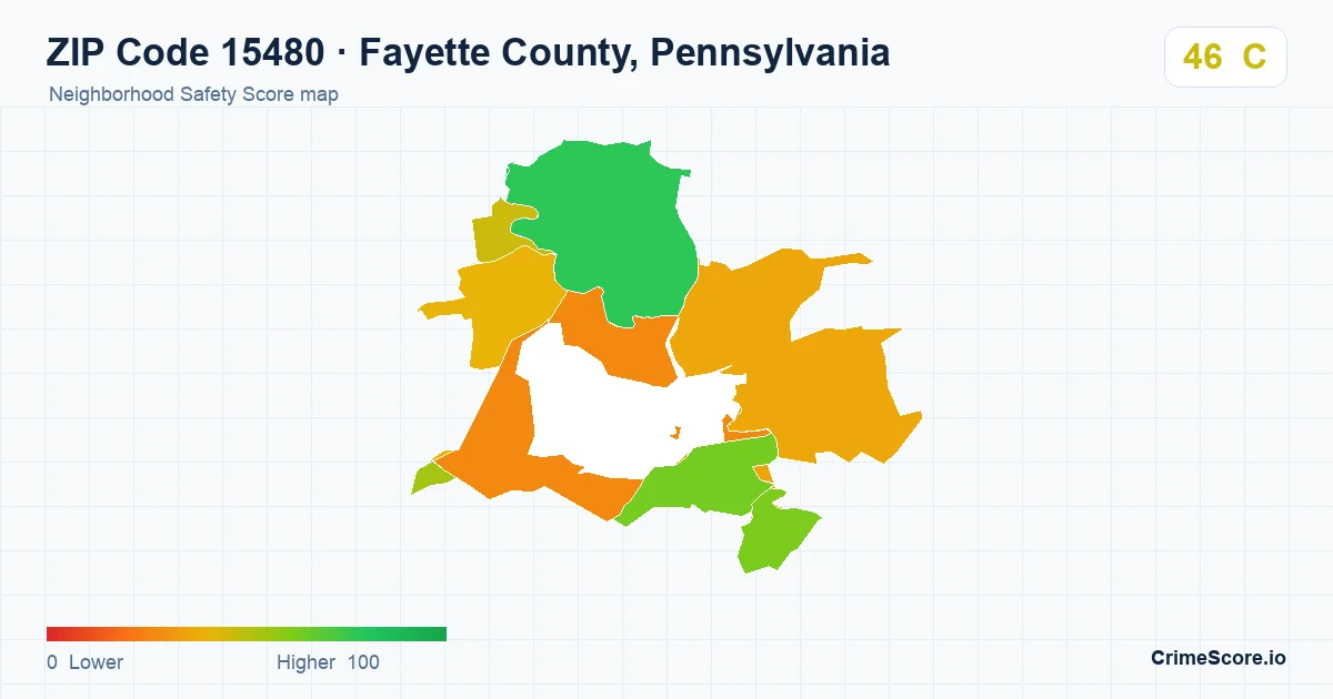 ZIP Code 15480 in Fayette County, Pennsylvania neighborhood Safety Score map
