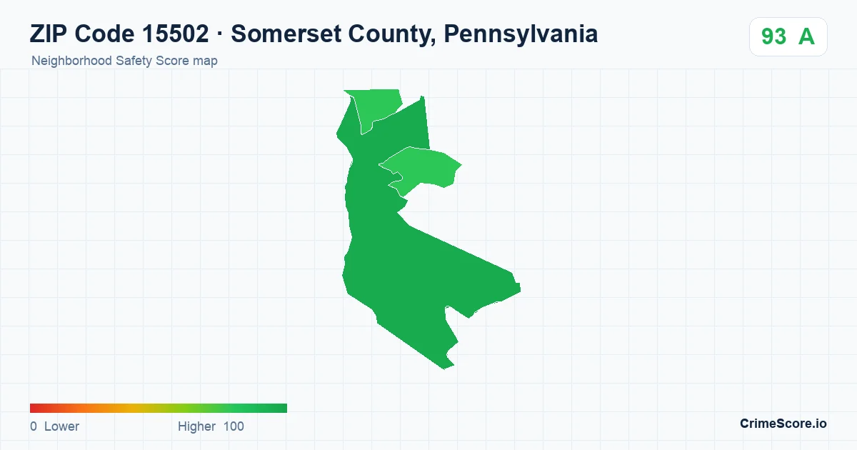 ZIP Code 15502 in Somerset County, Pennsylvania neighborhood Safety Score map