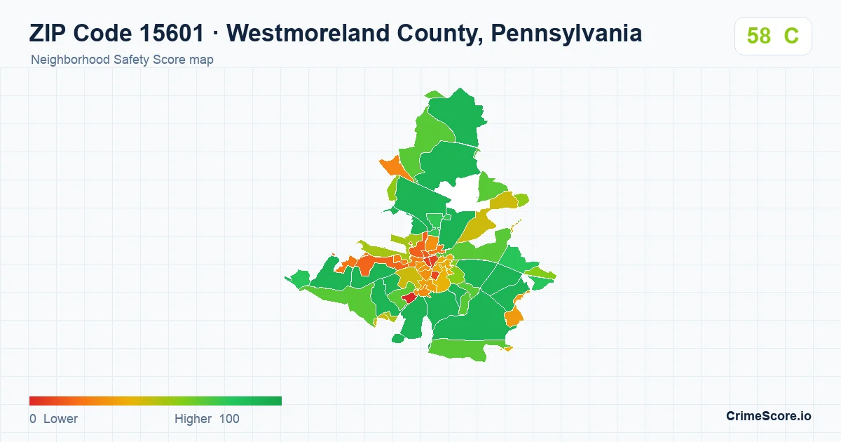 ZIP Code 15601 in Westmoreland County, Pennsylvania neighborhood Safety Score map