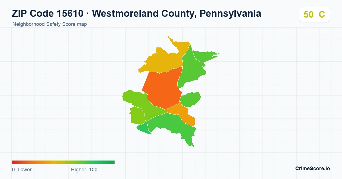 ZIP Code 15610 in Westmoreland County, Pennsylvania neighborhood Safety Score map