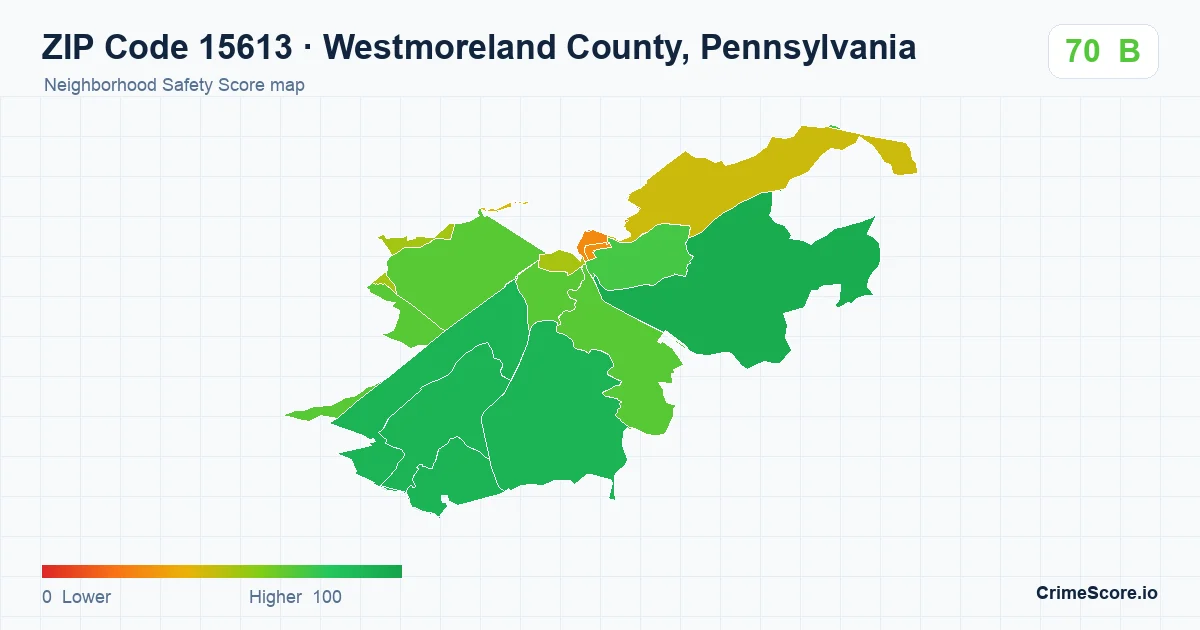 ZIP Code 15613 in Westmoreland County, Pennsylvania neighborhood Safety Score map