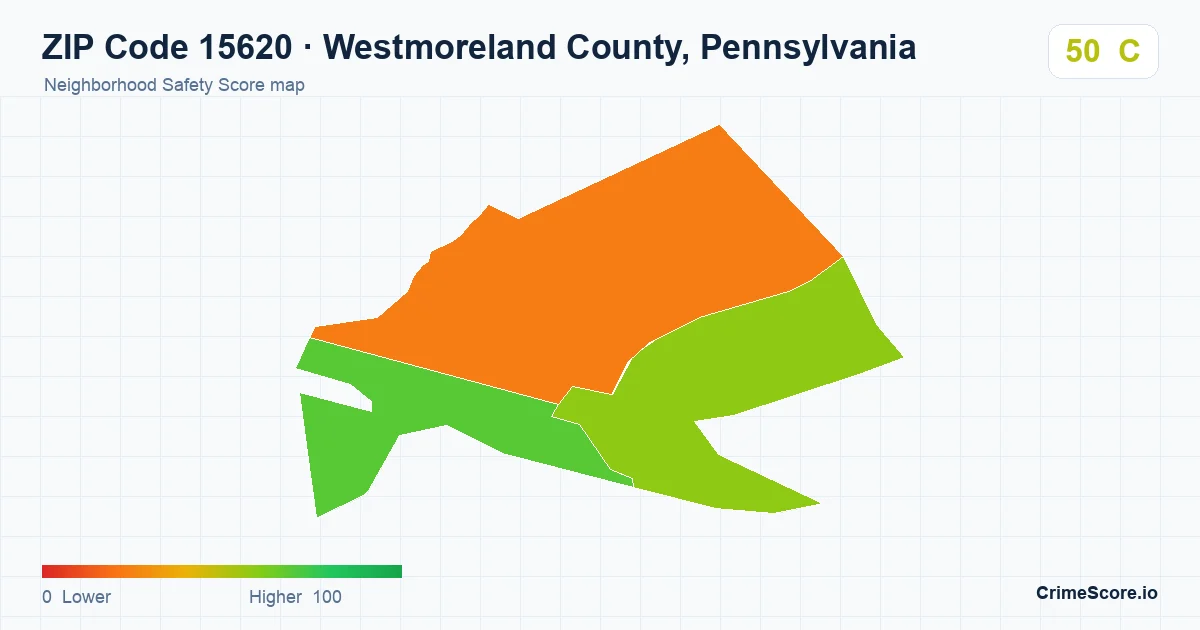 ZIP Code 15620 in Westmoreland County, Pennsylvania neighborhood Safety Score map