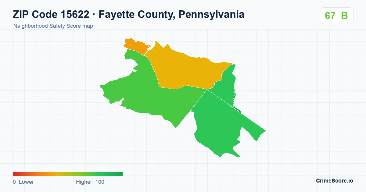 ZIP Code 15622 in Fayette County, Pennsylvania neighborhood Safety Score map