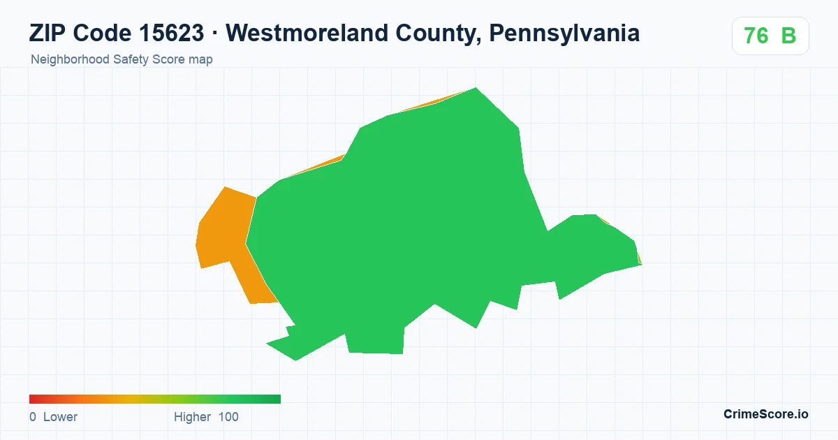 ZIP Code 15623 in Westmoreland County, Pennsylvania neighborhood Safety Score map