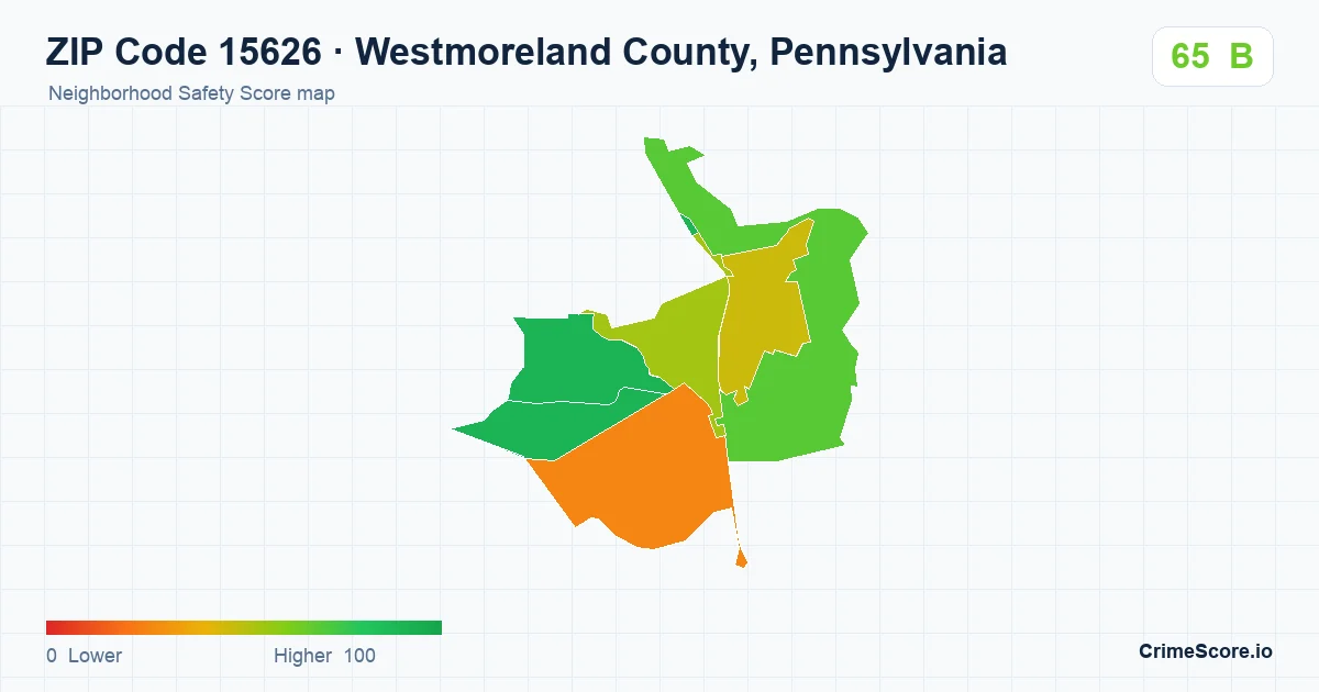 ZIP Code 15626 in Westmoreland County, Pennsylvania neighborhood Safety Score map