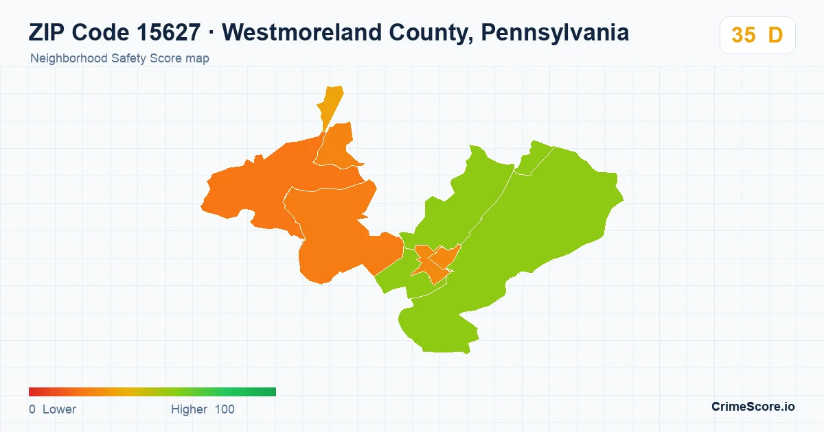 ZIP Code 15627 in Westmoreland County, Pennsylvania neighborhood Safety Score map