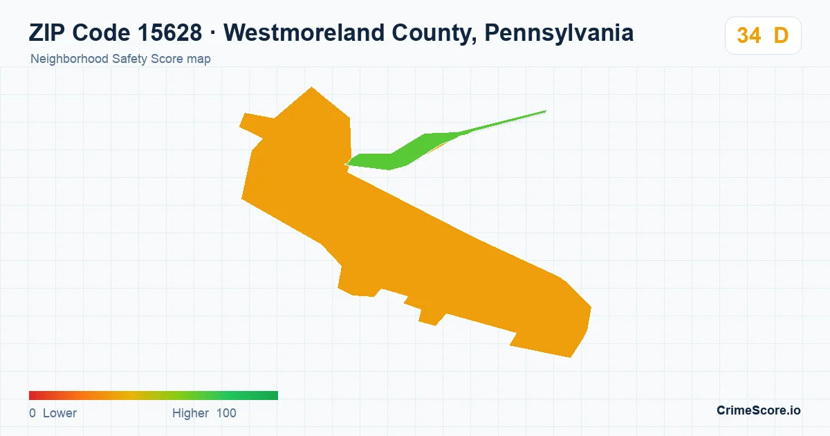 ZIP Code 15628 in Westmoreland County, Pennsylvania neighborhood Safety Score map